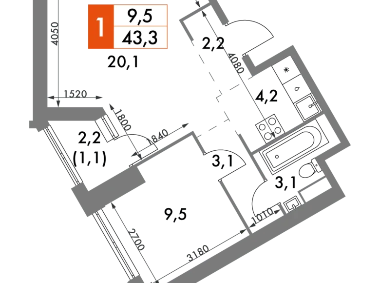 Квартира 1 комната 43 м² район Коньково, Россия