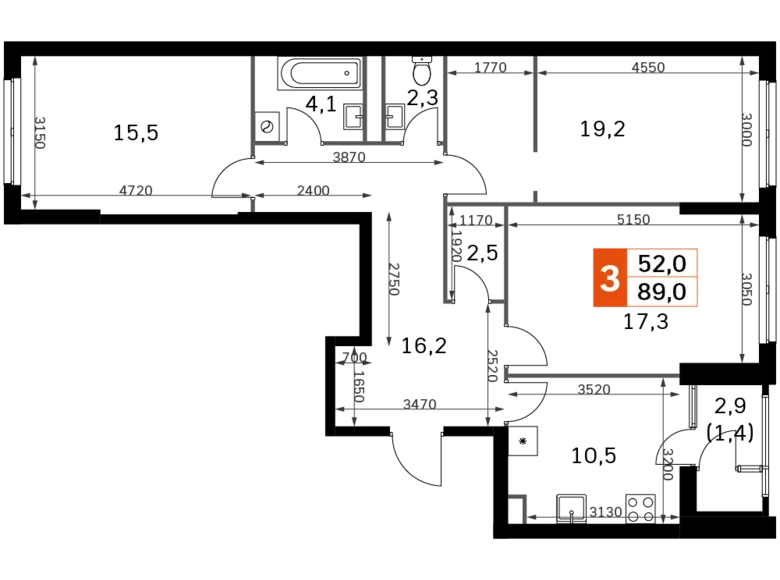 Квартира 3 комнаты 89 м² Москва, Россия