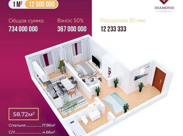 Квартира 1 комната 51 м² Ташкент, Узбекистан