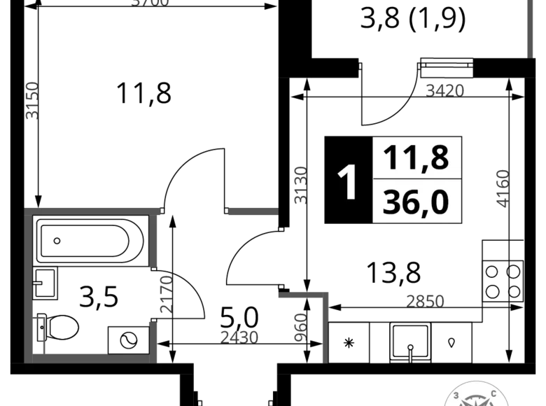 Квартира 1 комната 36 м² Химки, Россия