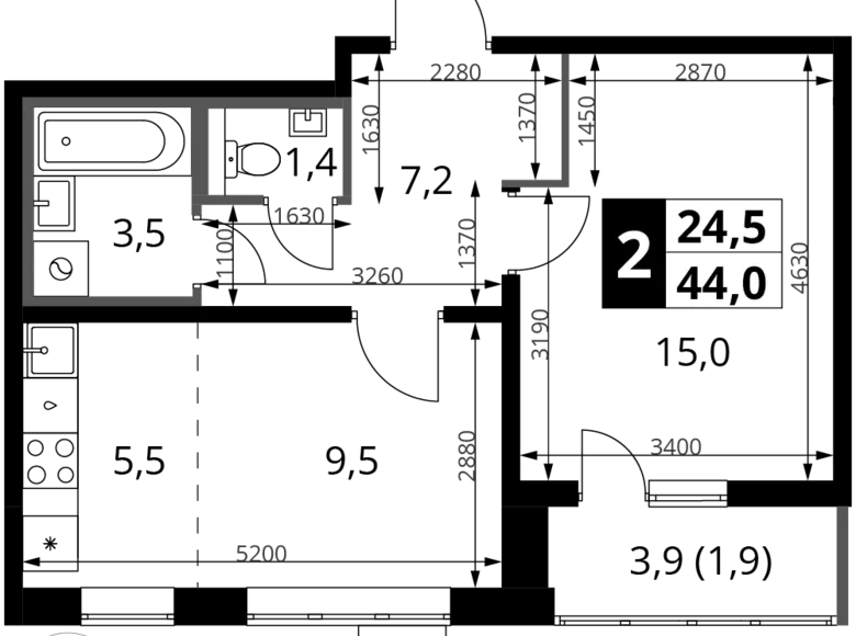 Mieszkanie 2 pokoi 44 m² rejon leniński, Rosja