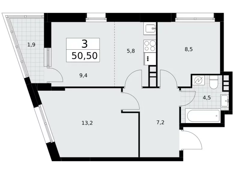 3 room apartment 51 m² Postnikovo, Russia