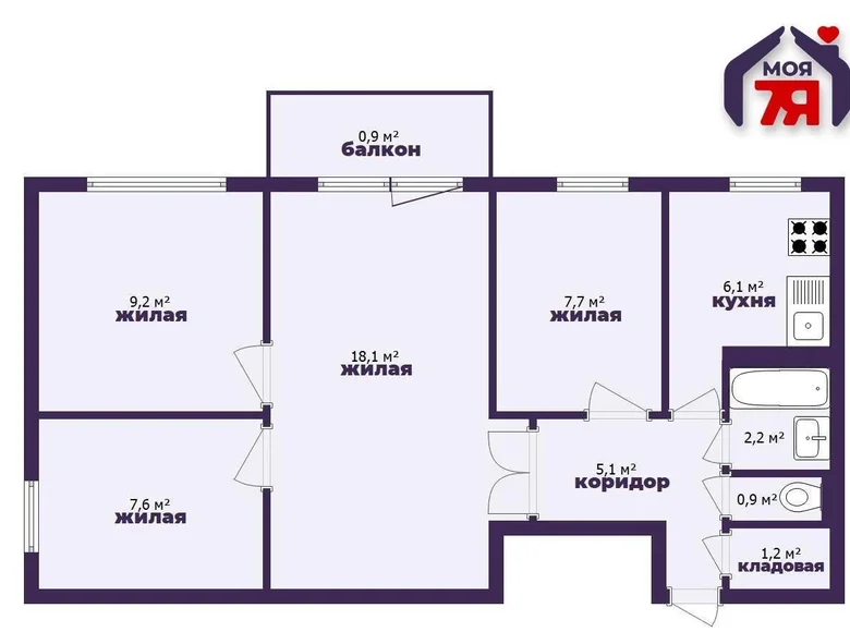 Квартира 4 комнаты 58 м² Солигорск, Беларусь