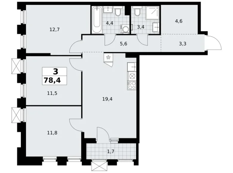 3 room apartment 78 m² Troitsk, Russia