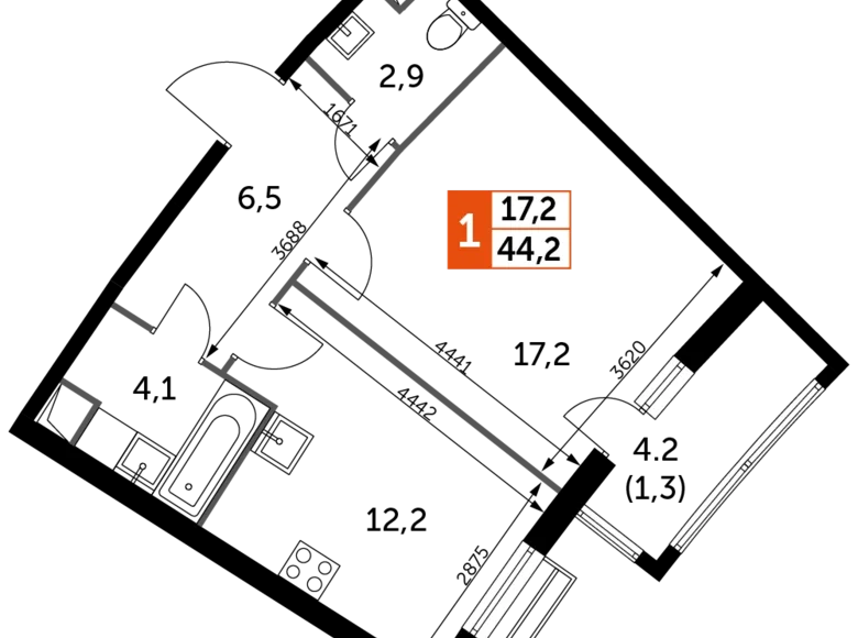 Квартира 1 комната 44 м² Развилка, Россия