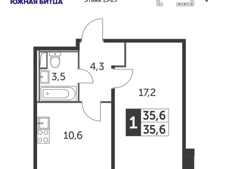 1 room apartment 36 m² Leninsky District, Russia