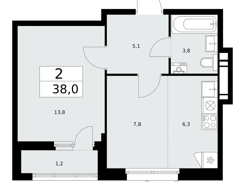 2 room apartment 38 m² Moscow, Russia