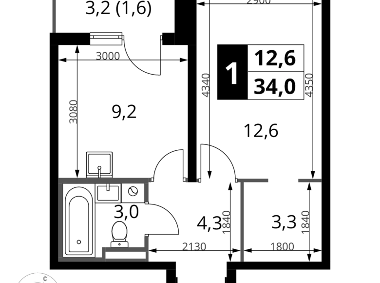 Apartamento 1 habitación 34 m² Potapovo, Rusia