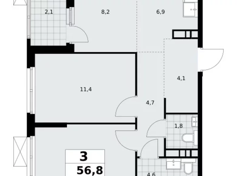 3 room apartment 57 m² Moscow, Russia