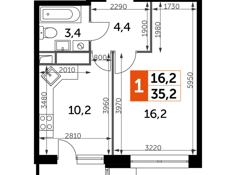 Квартира 1 комната 35 м² Veshki, Россия