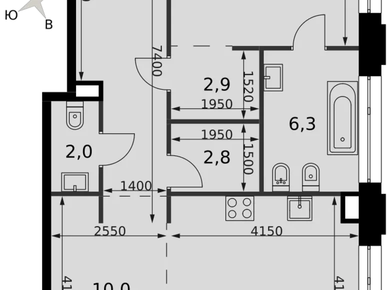 2 room apartment 66 m² North-Western Administrative Okrug, Russia