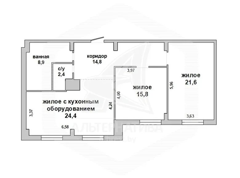 3 room apartment 88 m² Pruzhany, Belarus