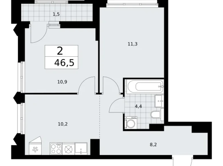 2 room apartment 47 m² Troitsk, Russia