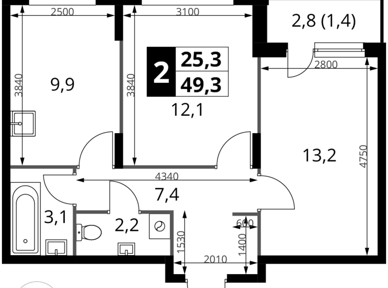 2 room apartment 49 m² Potapovo, Russia