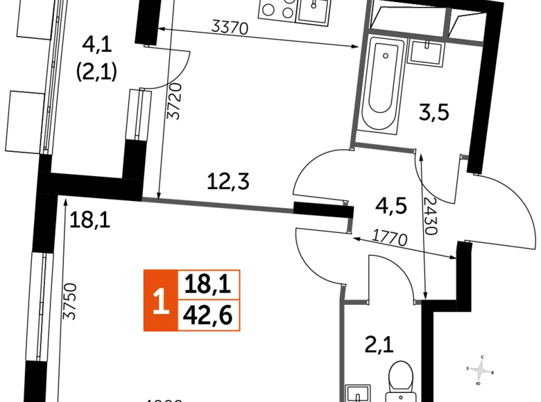 Квартира 1 комната 43 м² Развилка, Россия