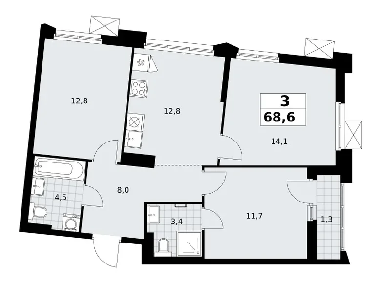 Mieszkanie 3 pokoi 69 m² Troick, Rosja