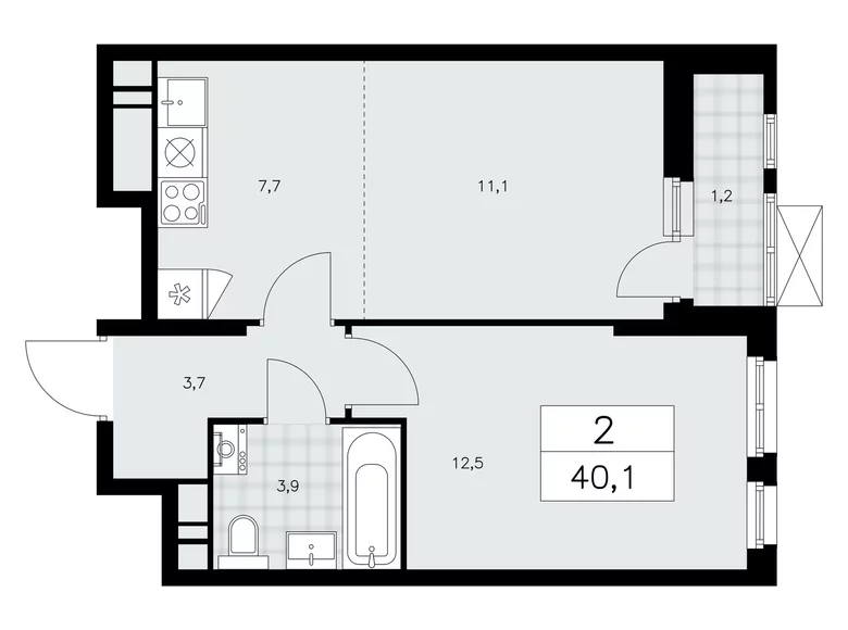 2 room apartment 40 m² Moscow, Russia