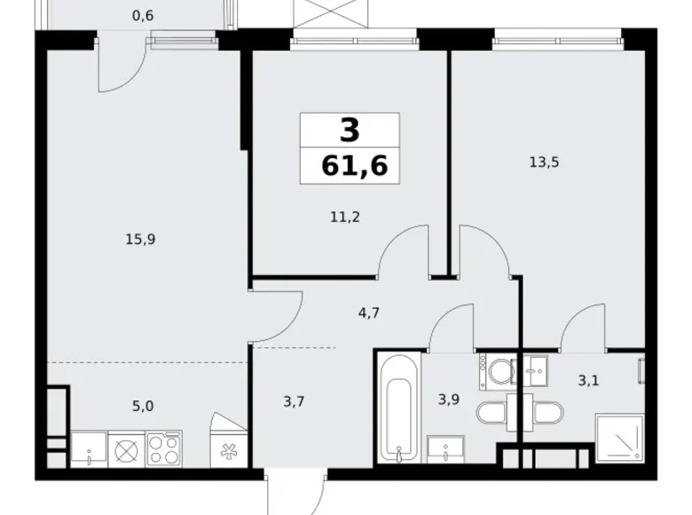 3 room apartment 62 m² poselenie Sosenskoe, Russia