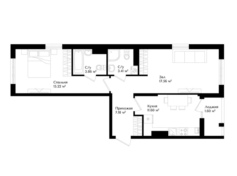 Квартира 2 комнаты 59 м² Ташкент, Узбекистан