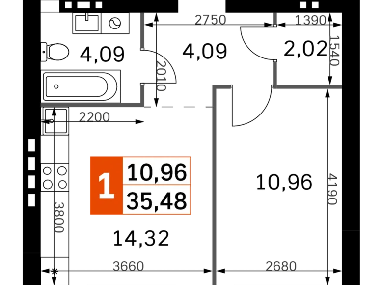 Квартира 1 комната 35 м² Одинцовский городской округ, Россия