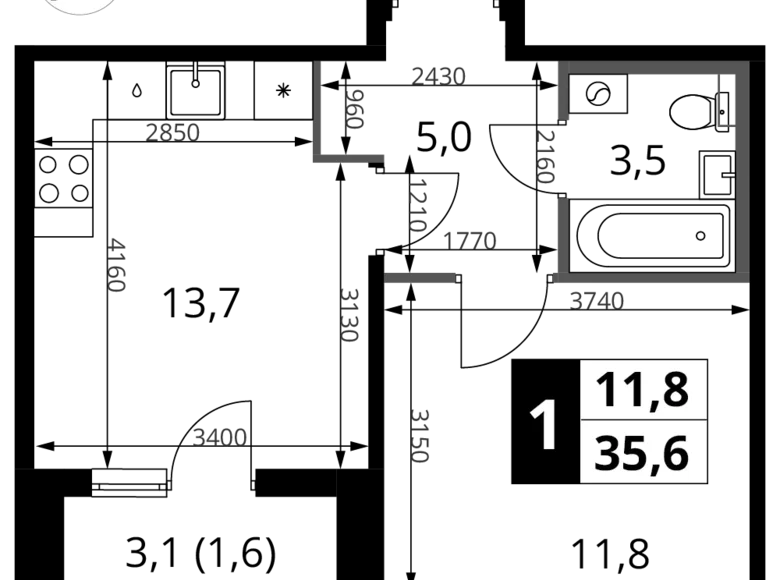 1 room apartment 36 m² Khimki, Russia