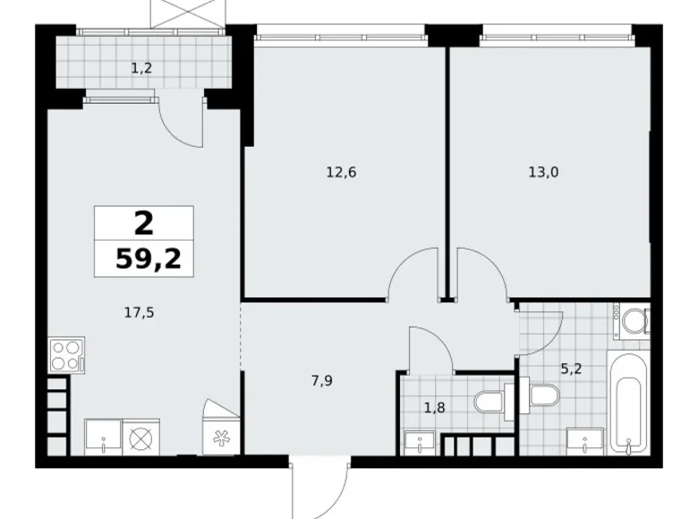 2 room apartment 59 m² South-Western Administrative Okrug, Russia