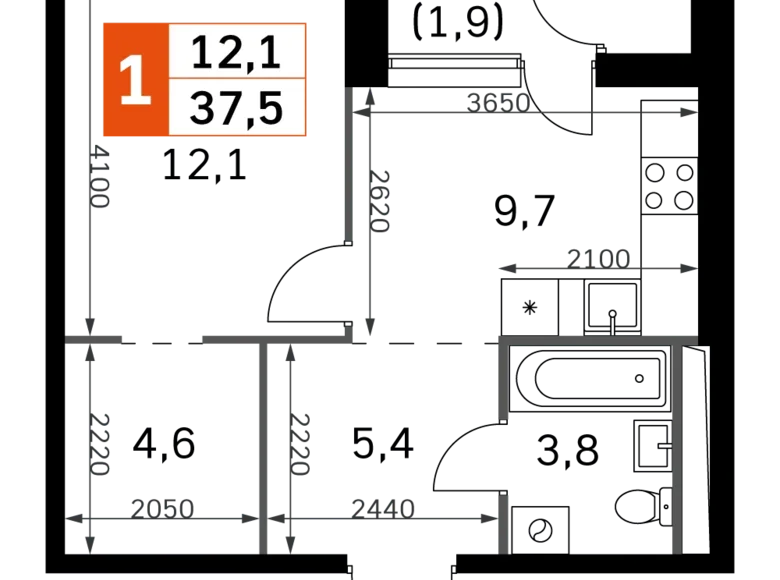 1 room apartment 38 m² Moscow, Russia