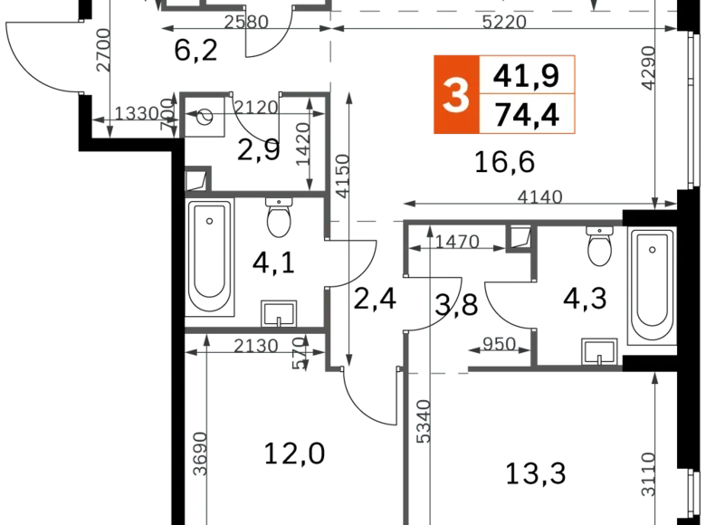 Квартира 3 комнаты 74 м² Северо-Западный административный округ, Россия