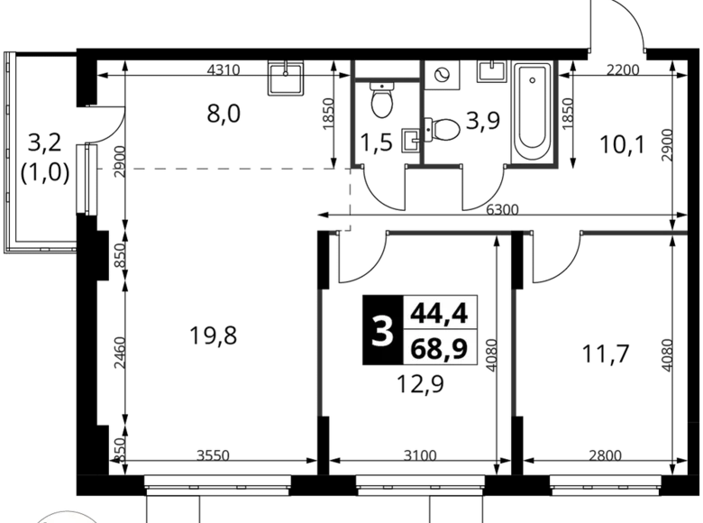 3 room apartment 69 m² Potapovo, Russia