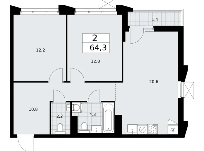 Квартира 2 комнаты 64 м² район Троицк, Россия