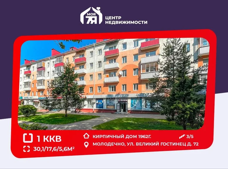 1 room apartment 30 m² Maladzyechna, Belarus