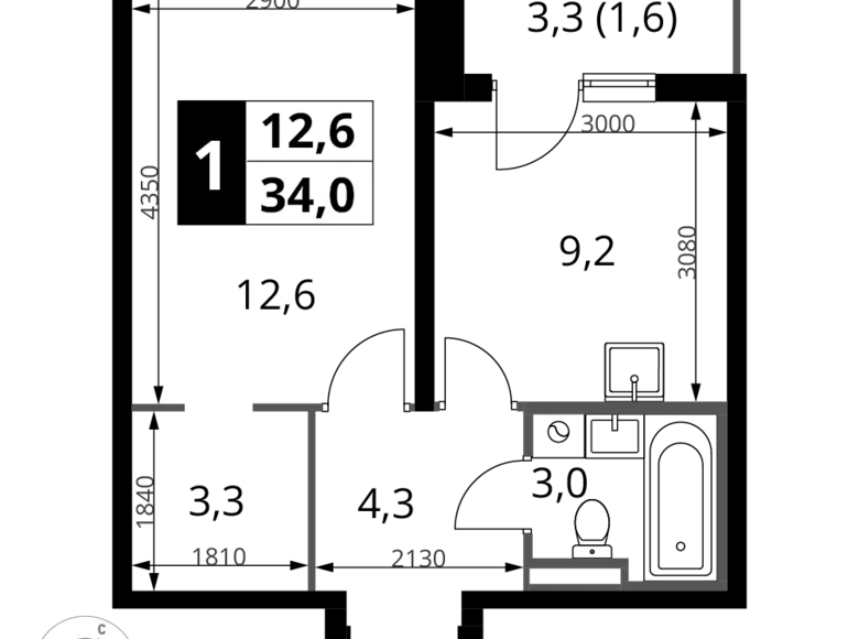 1 room apartment 34 m² Potapovo, Russia