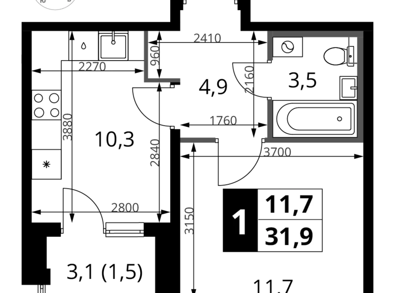 1 room apartment 32 m² Khimki, Russia