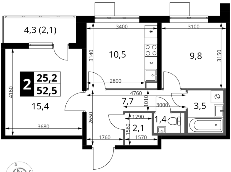 2 room apartment 53 m² Leninsky District, Russia