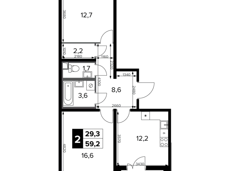 2 room apartment 59 m² Moscow, Russia