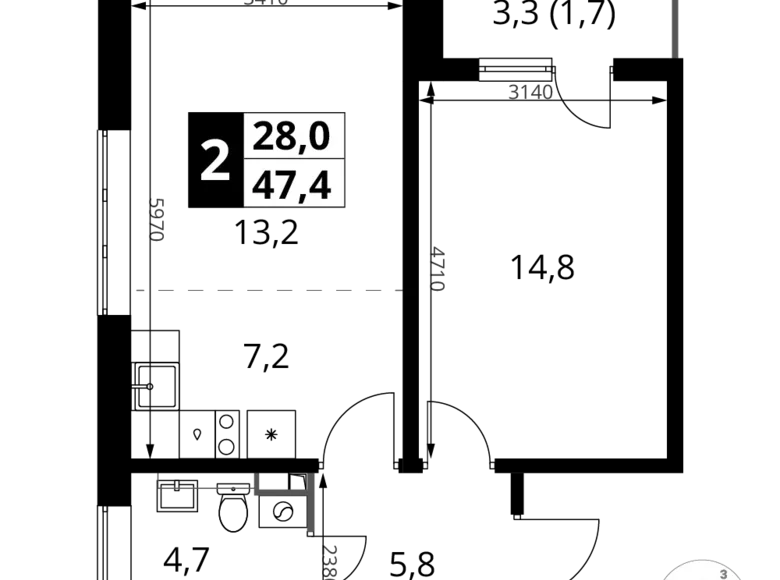 2 room apartment 47 m² Potapovo, Russia