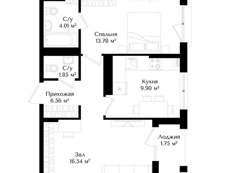 Квартира 2 комнаты 54 м² Ташкент, Узбекистан