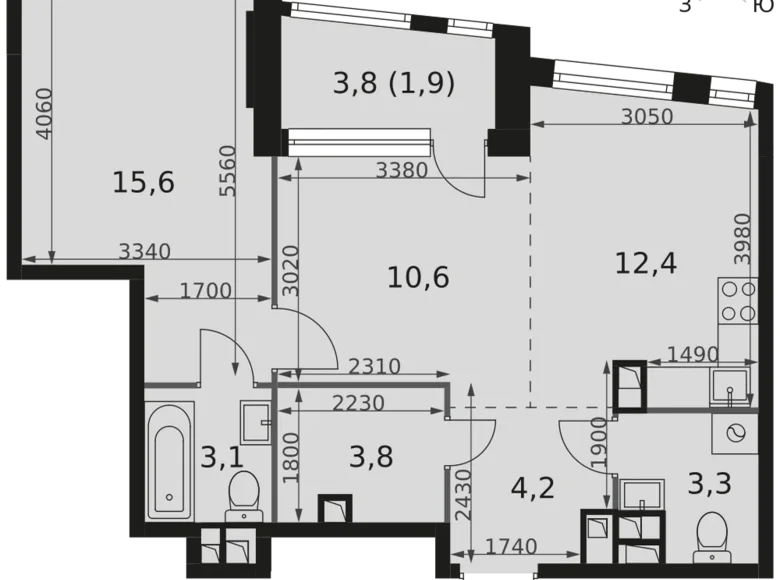 2 room apartment 55 m² Moscow, Russia