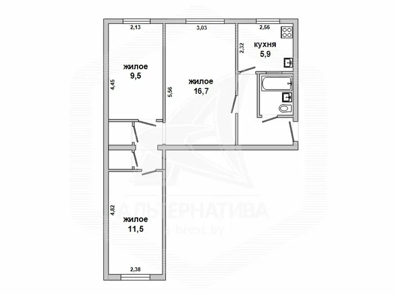 Apartamento 3 habitaciones 56 m² Brest, Bielorrusia