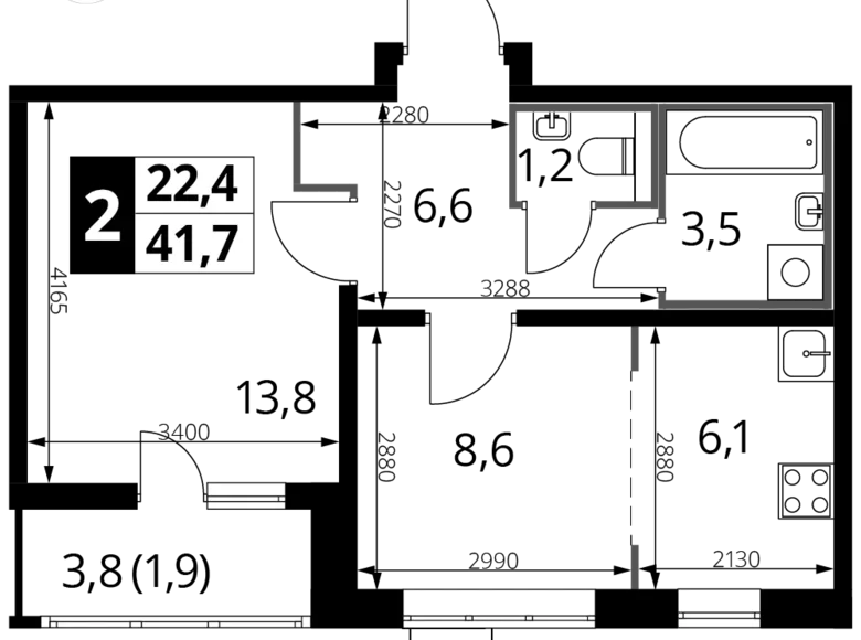 2 room apartment 42 m² Lyubertsy, Russia