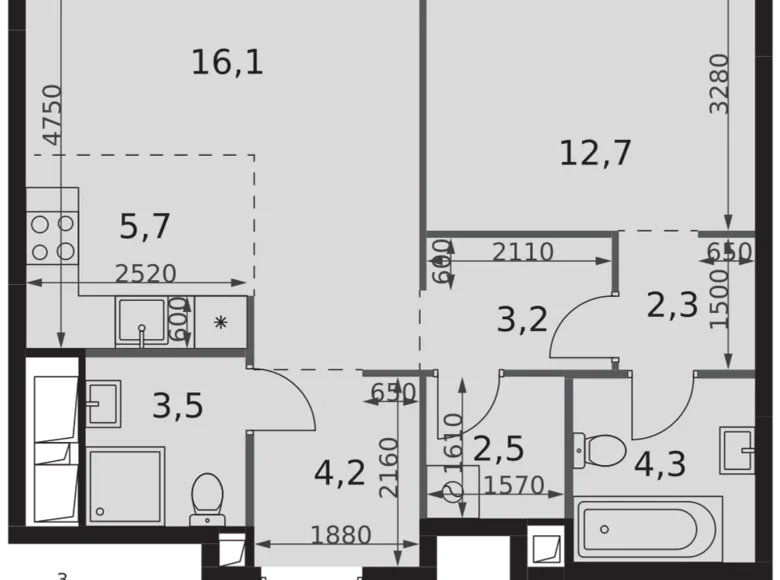 2 room apartment 55 m² Moscow, Russia