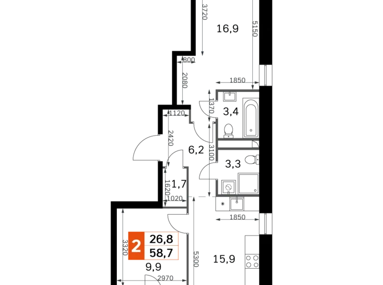 2 room apartment 59 m² Moscow, Russia