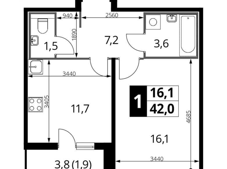 Appartement 1 chambre 42 m² Nekrasovka District, Fédération de Russie