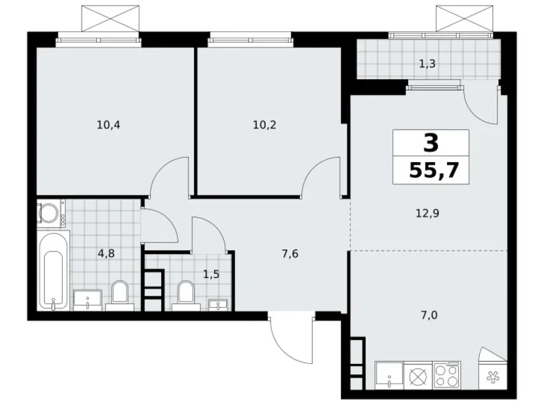 3 room apartment 56 m² South-Western Administrative Okrug, Russia