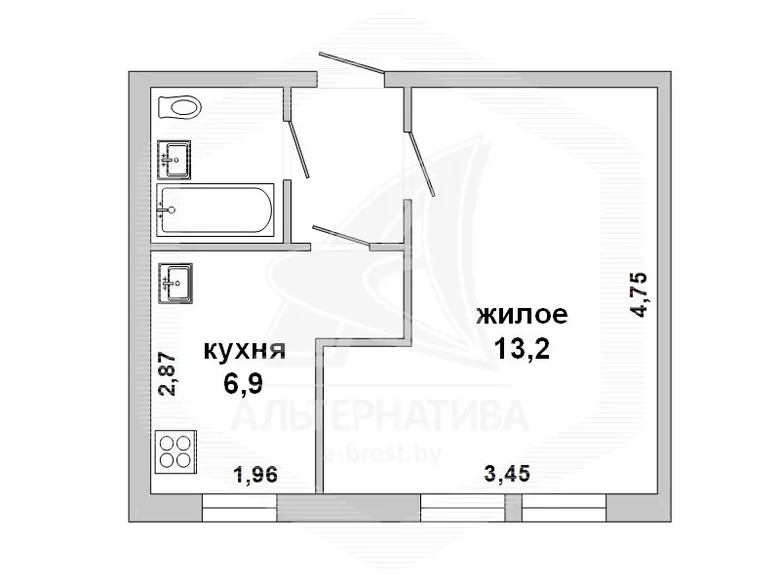 Appartement 1 chambre 25 m² Kobryn, Biélorussie