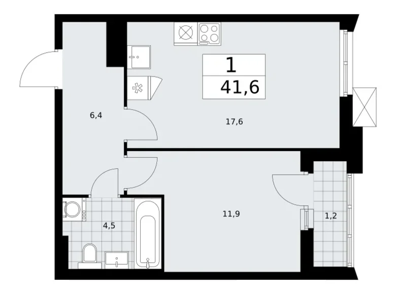 Квартира 1 комната 42 м² район Троицк, Россия