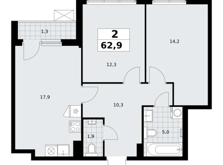 2 room apartment 63 m² Troitsk, Russia