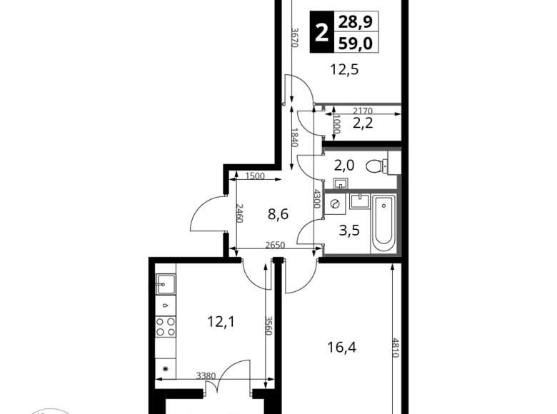 Mieszkanie 2 pokoi 59 m² rejon leniński, Rosja