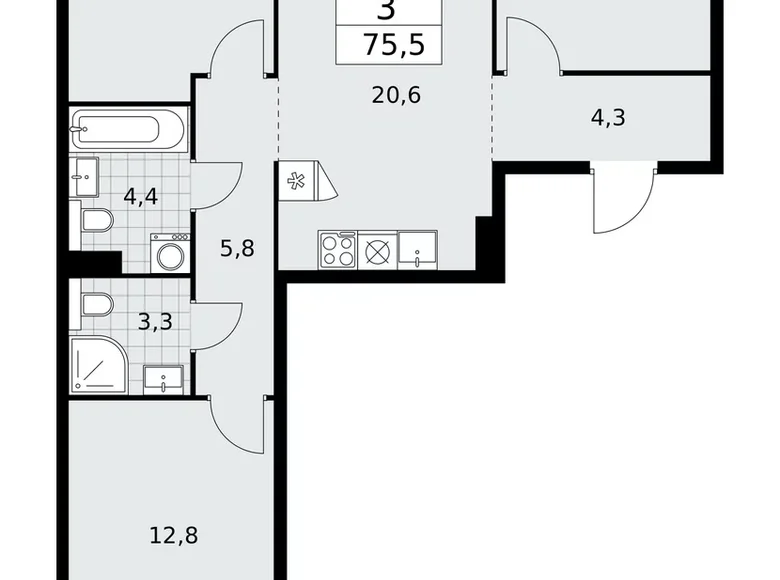 Mieszkanie 3 pokoi 76 m² poselenie Sosenskoe, Rosja