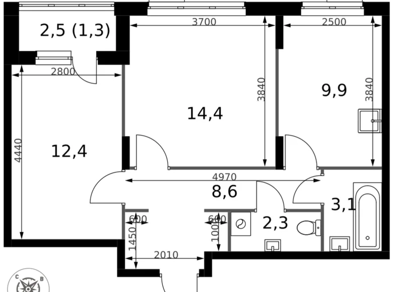 2 room apartment 52 m² Sapronovo, Russia